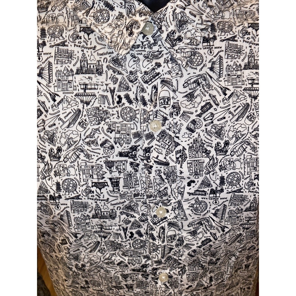 Disney Parks Button Up Shirt Mens Large Newspaper‎ Rides All Over Print L/S - Picture 3 of 6